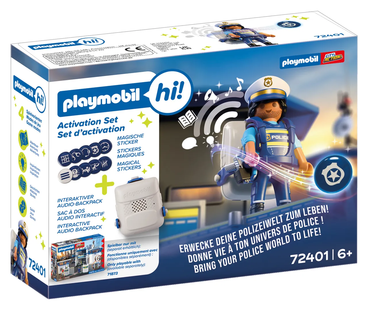 Caja del Playmobil hi! Activation Set Policía con mochila de audio y pegatinas